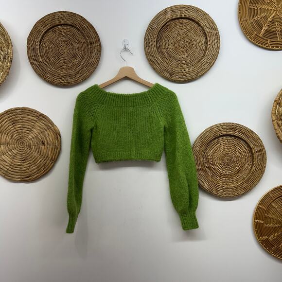 & Other Stories Green Off Shoulder Cropped Wool Knit Jumper Sweater XS Alpaca - Picture 3 of 7